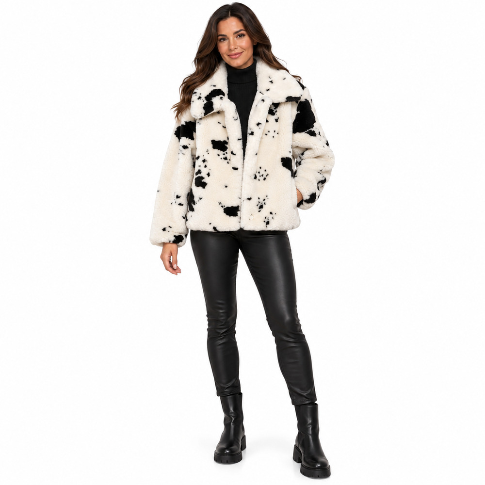 Juicy Couture Women’s Spotted Faux Fur Jacket Size Large White Black Y2K Coat